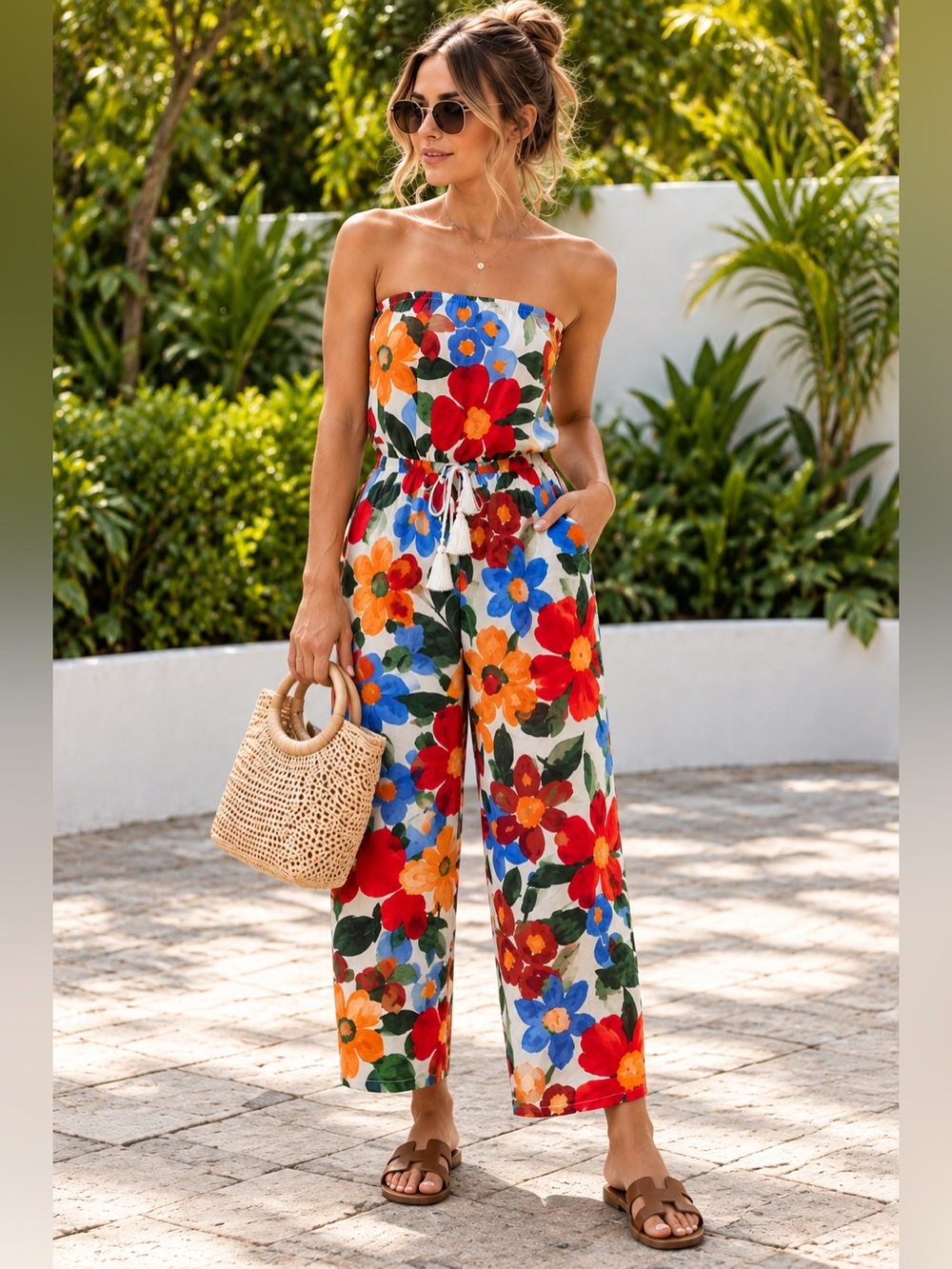 Aakaa Floral Strapless Wide Leg Jumpsuit Romper Estimated Size M